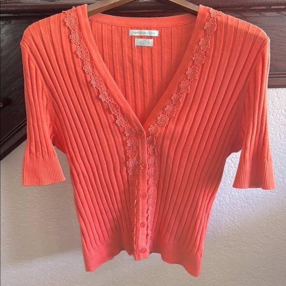 Van Heusen Studio Women’s Size Large Coral Short Sleeve V Neck Lace Cardigan